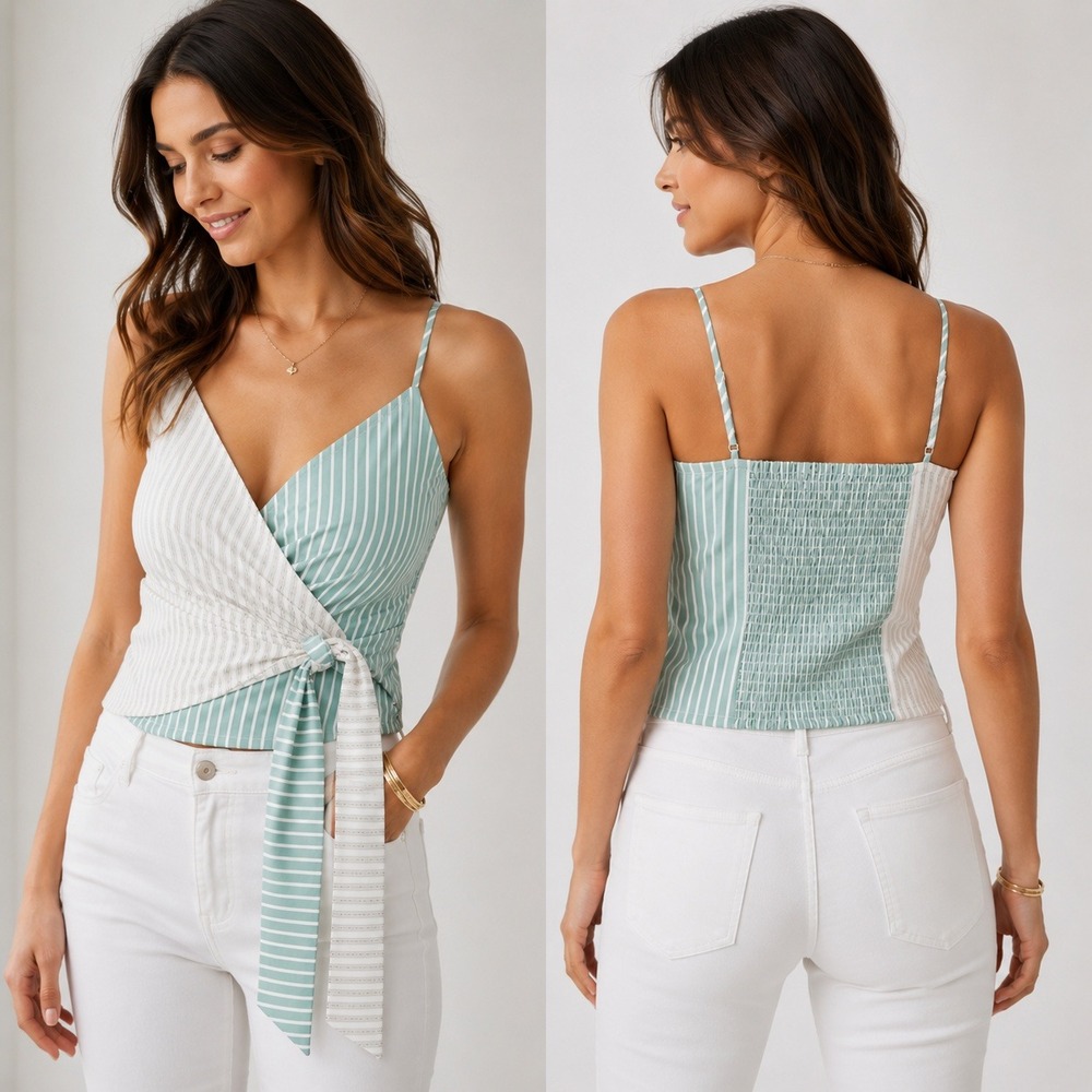 Mare‎ Mare Top Anthropologie Striped Tie Front Smocked Back Camisole Green Tan M